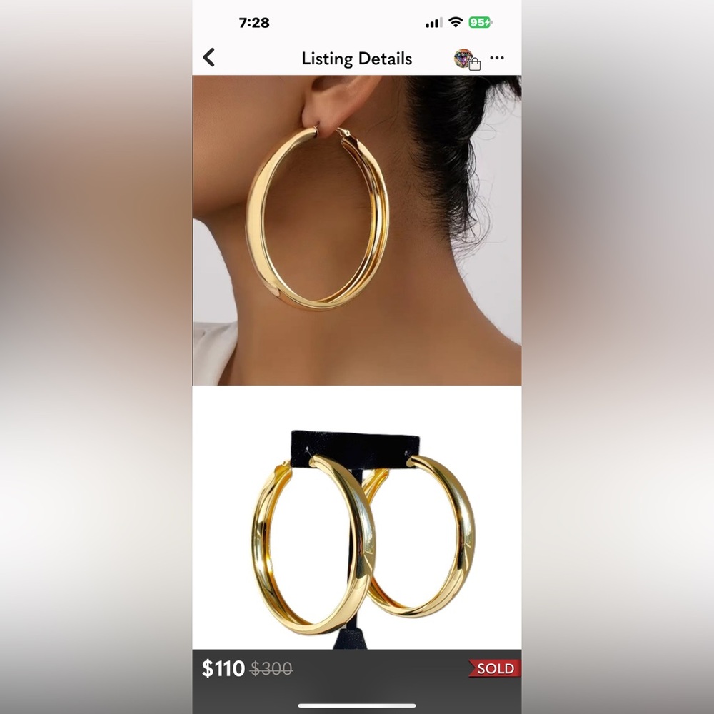 Gold Womens Large Hoop Earrings Ladies Big Hoops 14 k over Silver Jewelry
2.75”